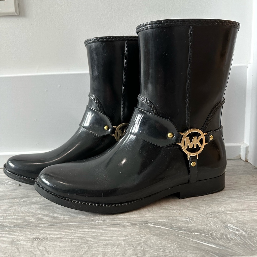 Michael Kors Black Rain Boots with Gold Logo